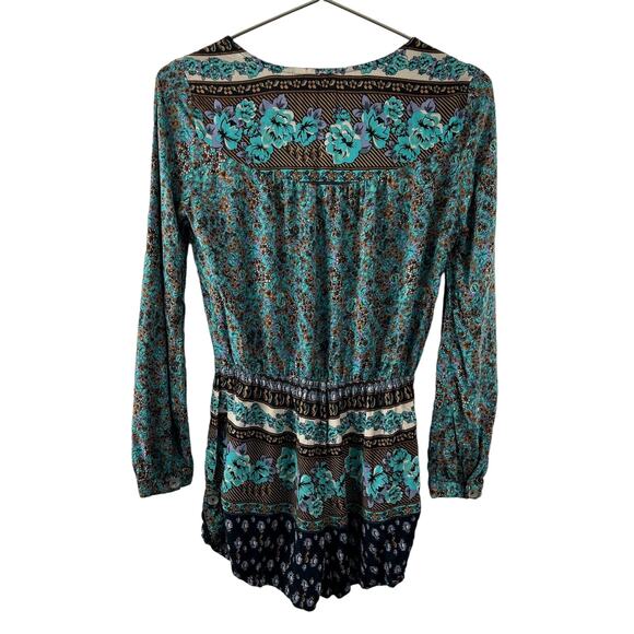 MIMI CHICA Turquoise Floral Print Roll Tab Sleeve V-Neck Button Down Romper Sz S - Picture 4 of 8